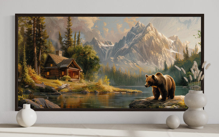 Bear Near Mountain Cabin By The Lake Framed Canvas Wall Art