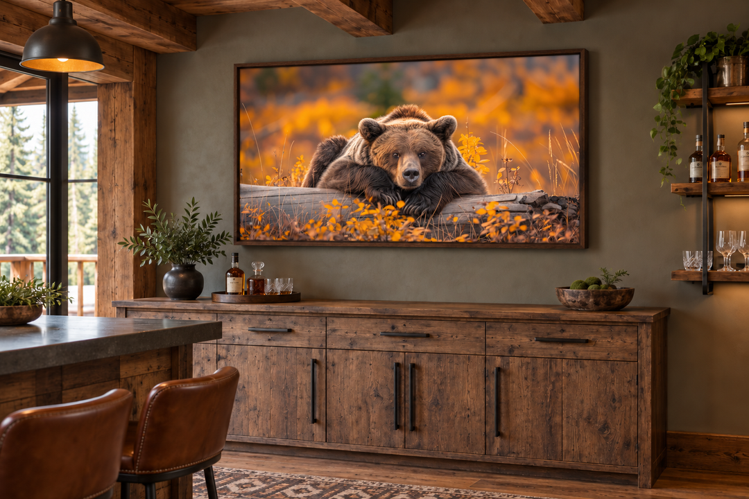 Grizzly bear on a log wall art in a rustic cabin setting with autumn forest colors.