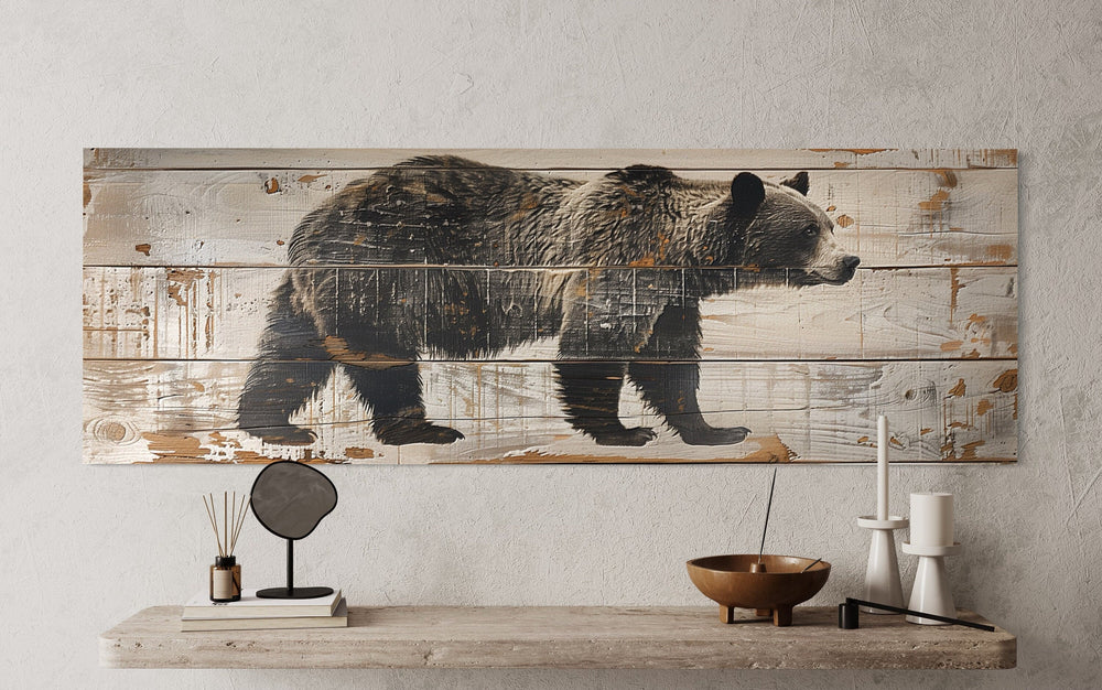 Bear Painted On Wood Long Horizontal Framed Canvas Wall Art