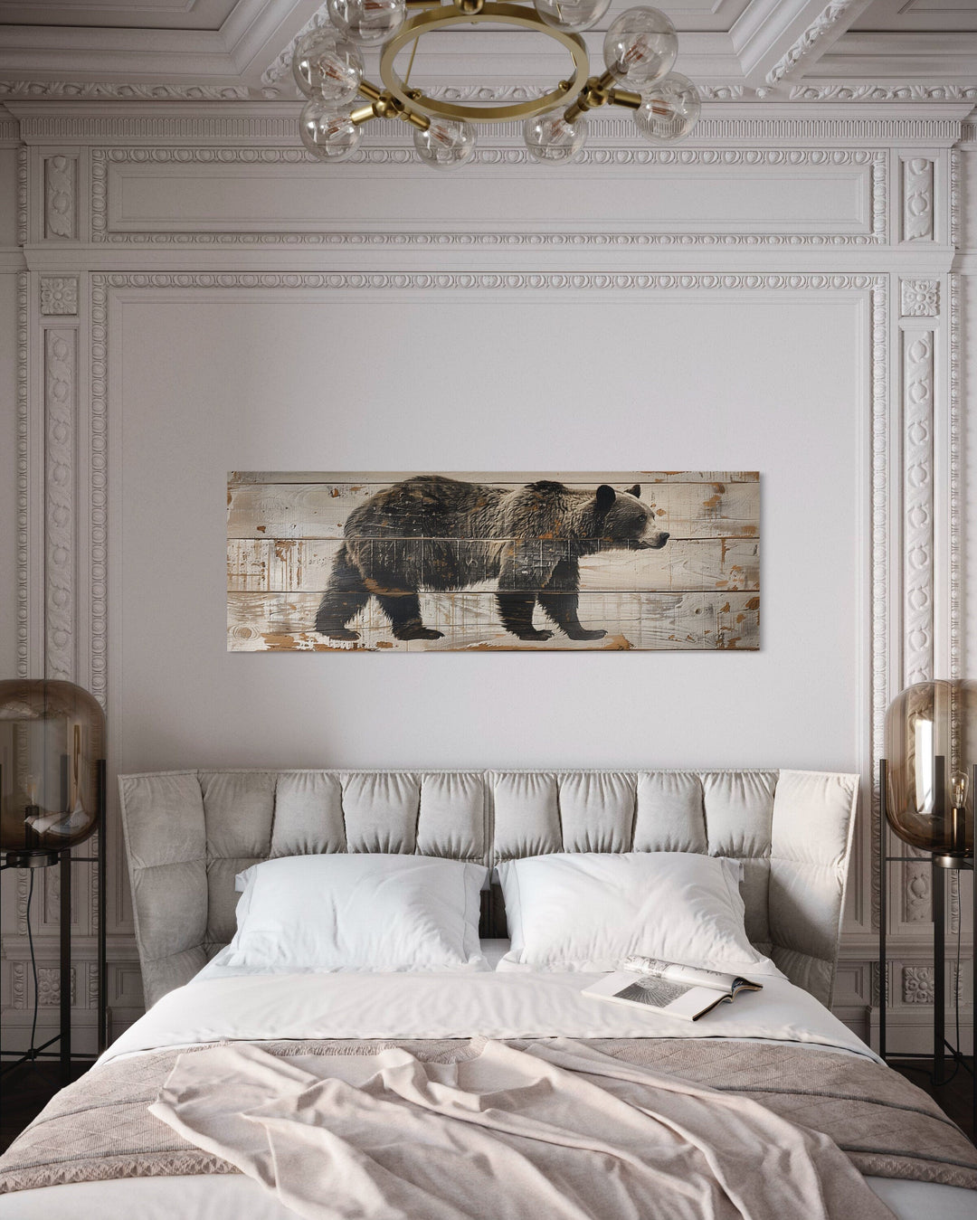 Bear Painted On Wood Long Horizontal Framed Canvas Wall Art