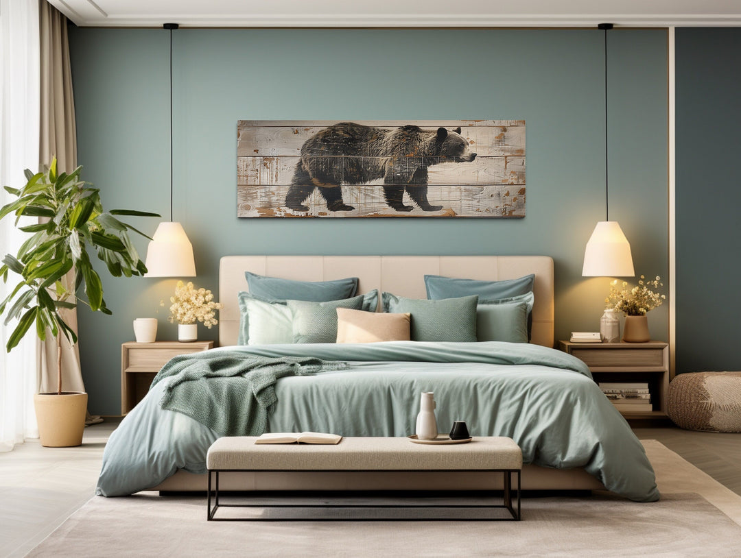 Bear Painted On Wood Long Horizontal Framed Canvas Wall Art