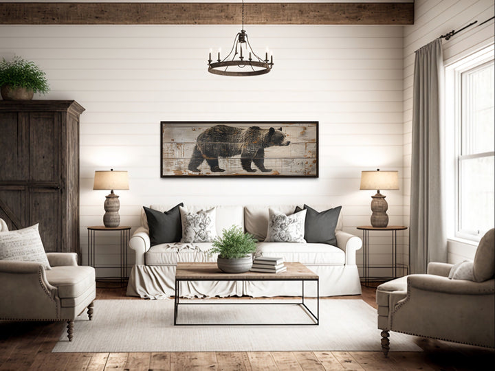 Bear Painted On Wood Long Horizontal Framed Canvas Wall Art