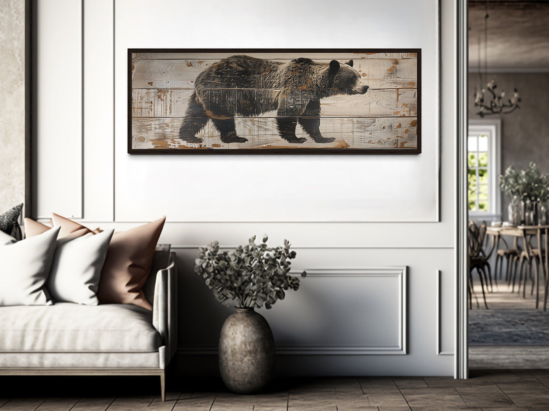 Bear Painted On Wood Long Horizontal Framed Canvas Wall Art