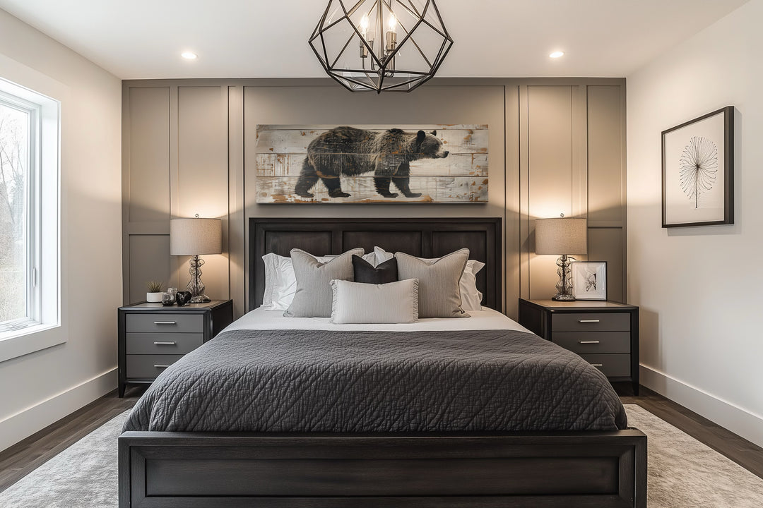 Bear painted on wood long horizontal framed canvas wall art hanging above a bed in a modern bedroom.