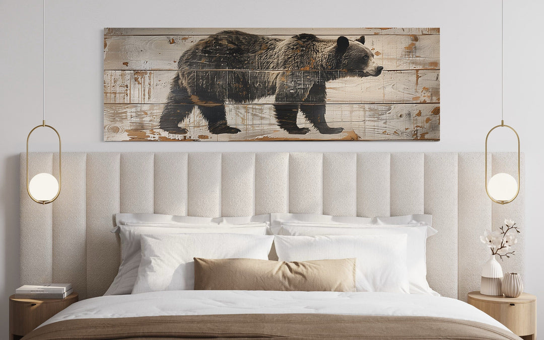 Bear Painted On Wood Long Horizontal Framed Canvas Wall Art