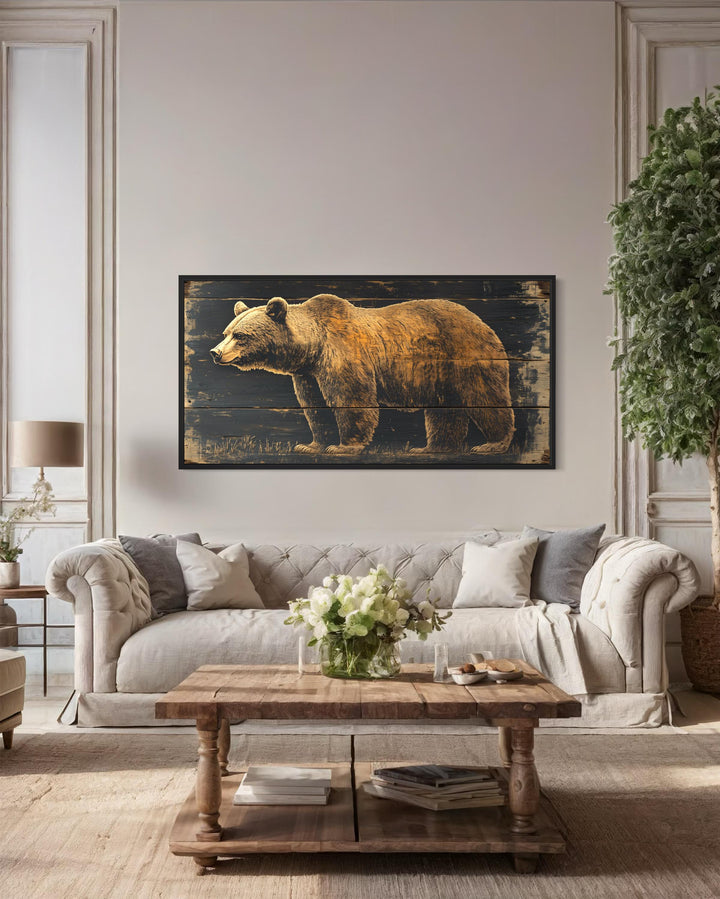 Bear Painted on Dark Wood Framed Canvas Wall Art