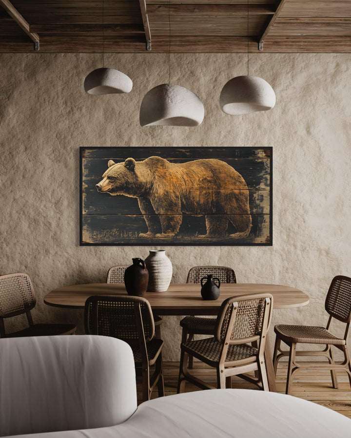 Bear Painted on Dark Wood Framed Canvas Wall Art