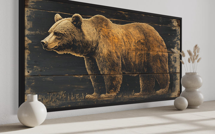 Bear Painted on Dark Wood Framed Canvas Wall Art