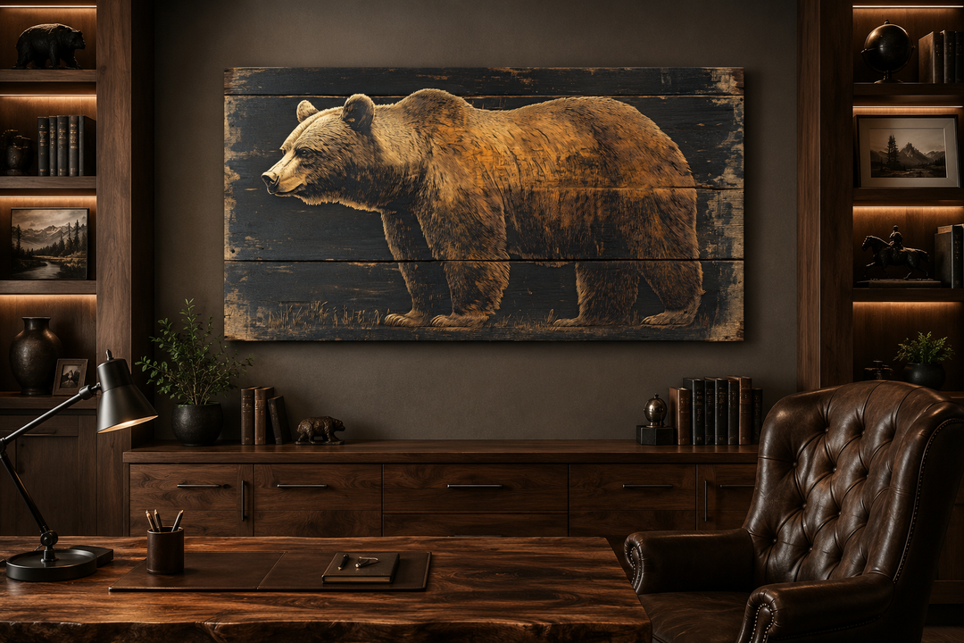 Bear painted on dark wood framed canvas wall art hanging in a rustic office above a wooden desk.