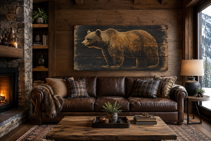 Bear painted on dark wood framed canvas wall art in a rustic cabin living room setting.