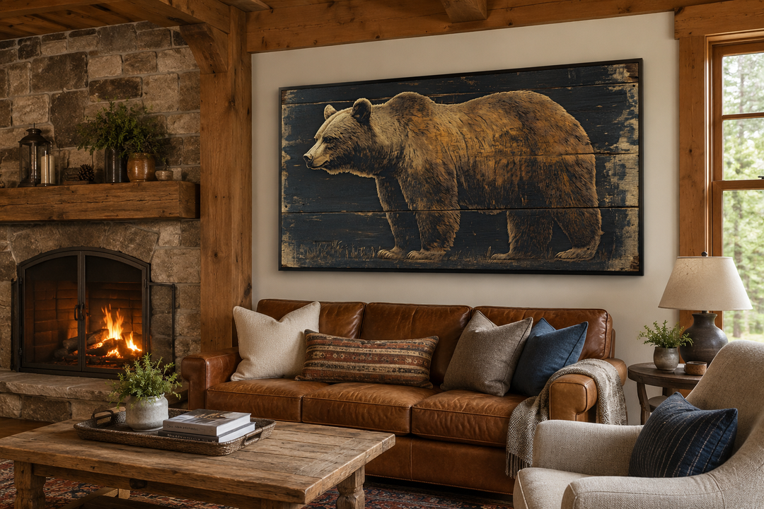 Bear painted on dark wood framed canvas wall art hanging above a leather sofa in a rustic cabin.