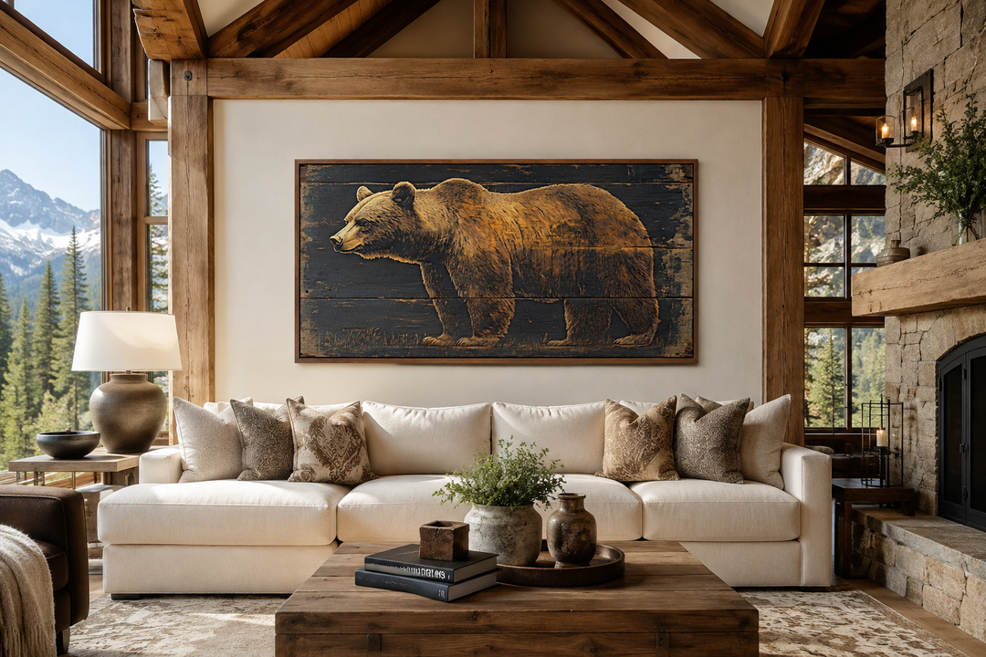 Bear painted on dark wood framed canvas wall art hanging above a sofa in a rustic cabin living room.