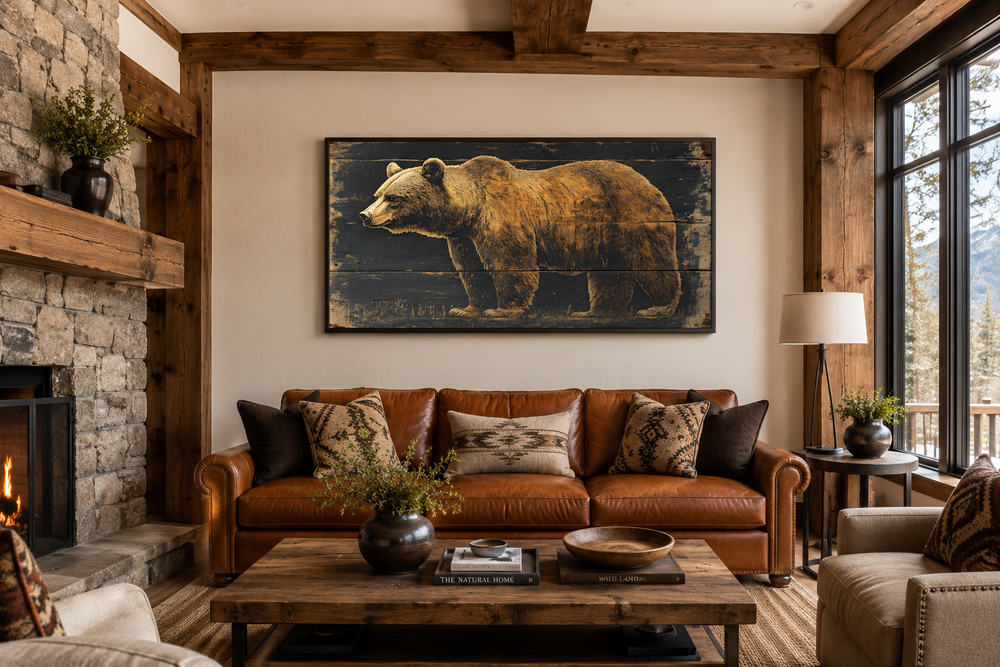 Bear painted on dark wood framed canvas wall art hanging above a leather sofa in a rustic cabin.