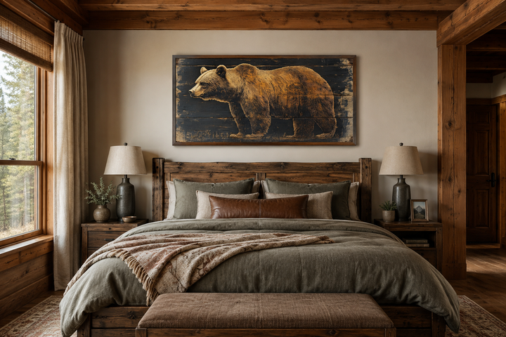 Bear painted on dark wood framed canvas wall art hanging above a bed in a rustic cabin bedroom.