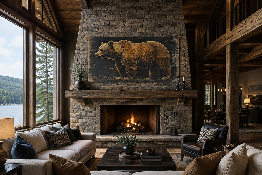 Bear painted on dark wood framed canvas wall art hanging above a stone fireplace in a rustic cabin.