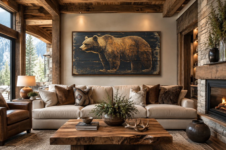 Bear painted on dark wood framed canvas wall art hanging above a sofa in a rustic cabin living room.