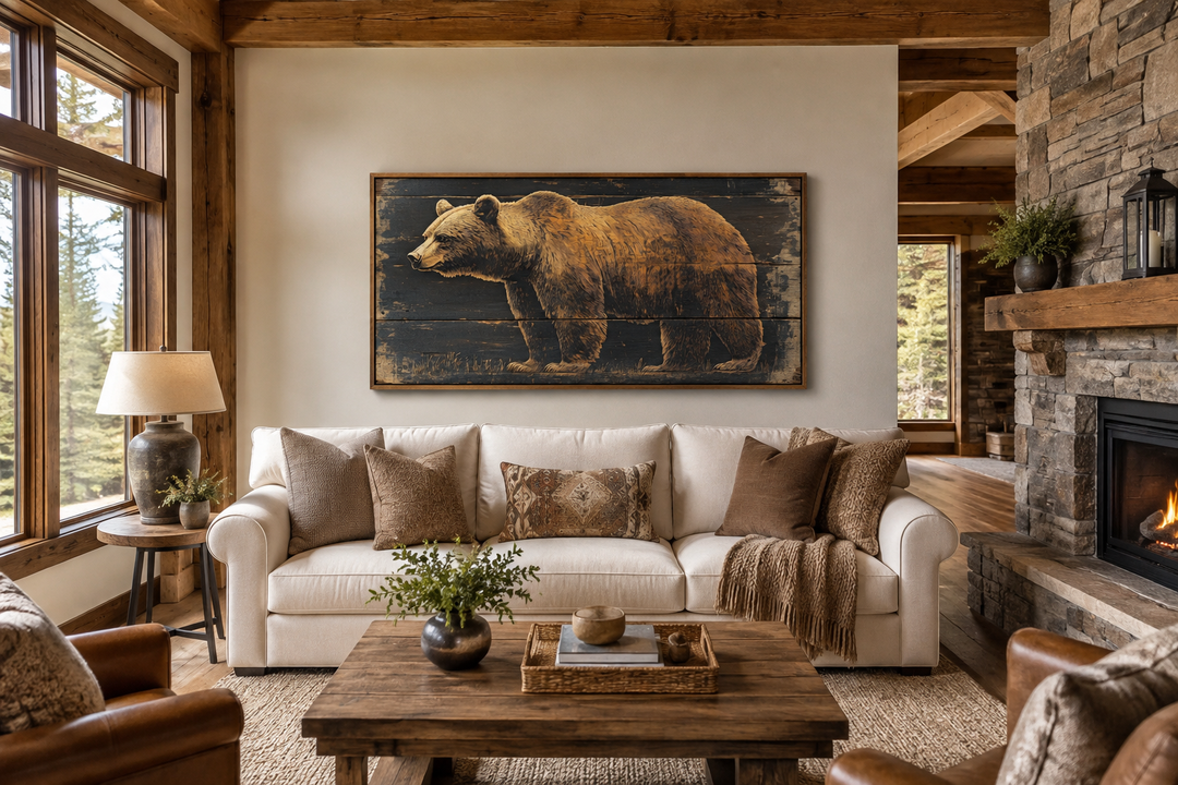 Bear painted on dark wood framed canvas wall art above a white sofa in a rustic cabin living room.