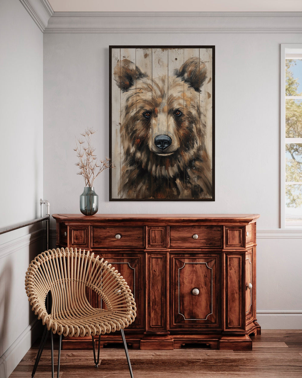 Bear Painting On Wood Canvas Wall Art above walnut dresser