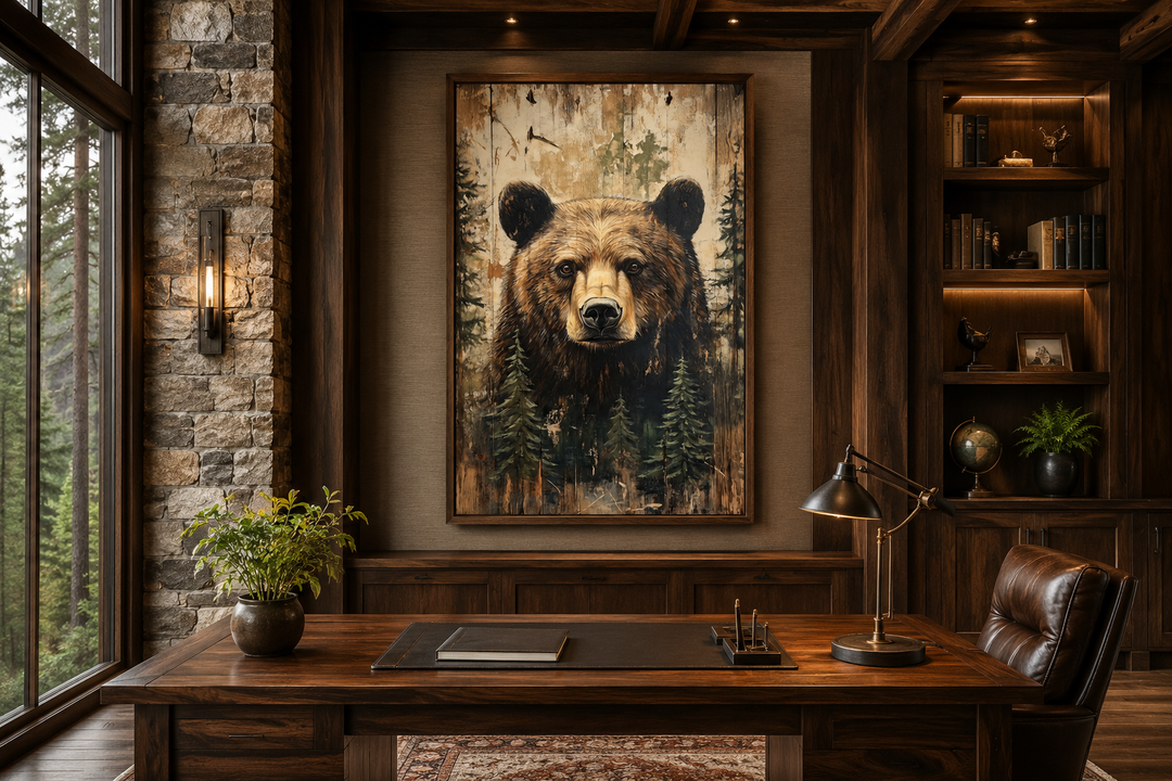 Rustic bear painting on wood-textured canvas in a dark wood frame above a desk in a cabin office.