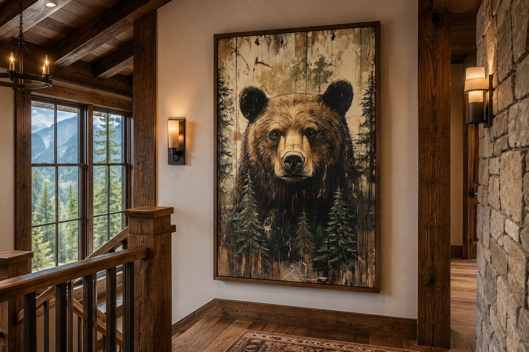 Rustic framed canvas wall art featuring a bear portrait painted on a wood-textured background.