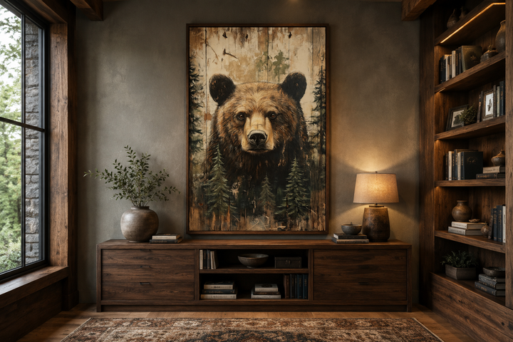 Rustic framed canvas wall art featuring a bear portrait painted on a wood-textured background.