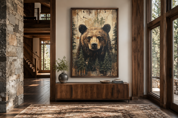 Rustic framed bear portrait on wood-textured canvas above a wooden console in a cabin living room.