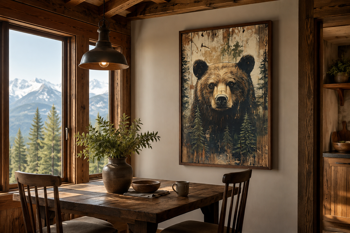 Rustic framed canvas wall art featuring a bear portrait on a wood-textured background for a cabin.