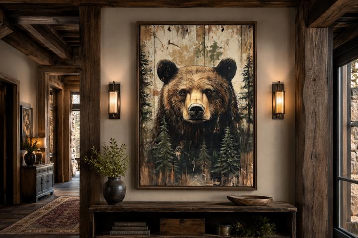 Rustic framed canvas wall art featuring a bear portrait painted on a weathered wood-texture background