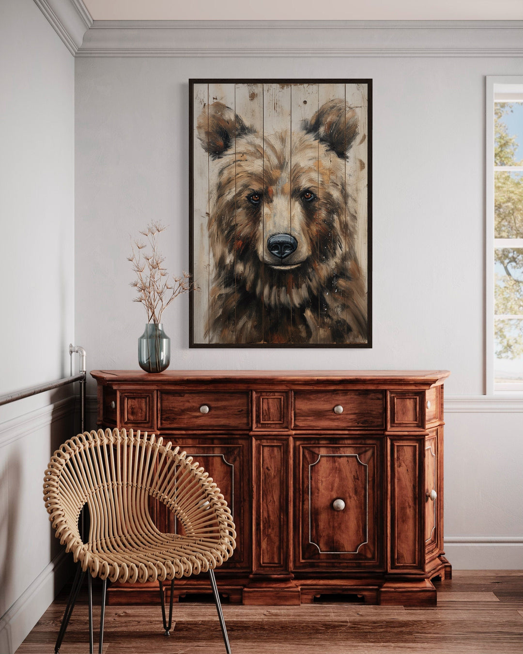 Bear Painting On Wood Rustic Framed Canvas Wall Art For Cabin Decor