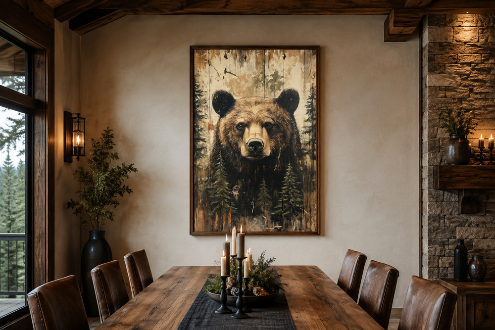 Rustic framed canvas wall art of a bear portrait on wood texture, hanging in a cabin dining room.