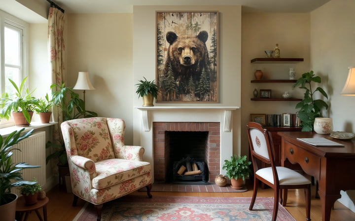 Bear Painting On Wood Rustic Framed Canvas Wall Art For Cabin Decor