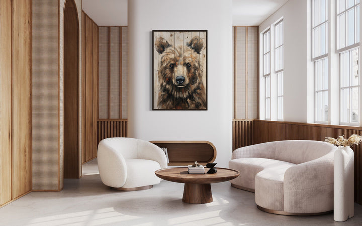 Bear Painting On Wood Rustic Framed Canvas Wall Art For Cabin Decor