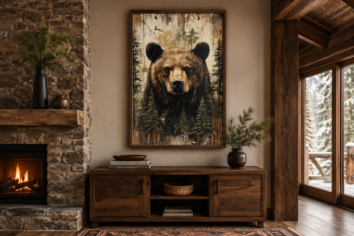 Rustic framed canvas wall art featuring a bear portrait painted on a wood-textured background.