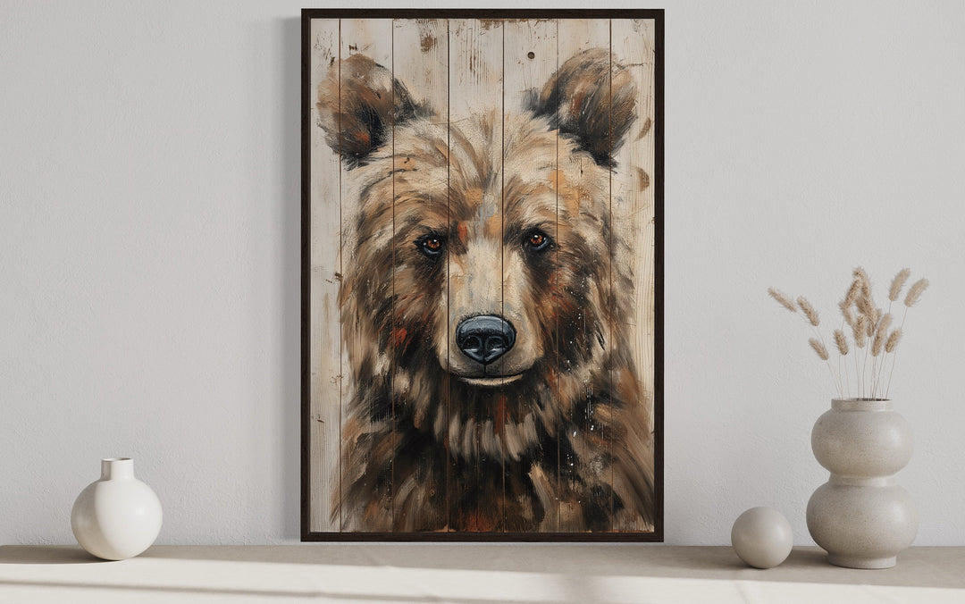 Bear Painting On Wood Rustic Framed Canvas Wall Art For Cabin Decor