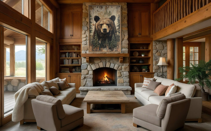 Rustic framed canvas wall art of a bear painting on wood, hanging above a stone fireplace in a cabin.