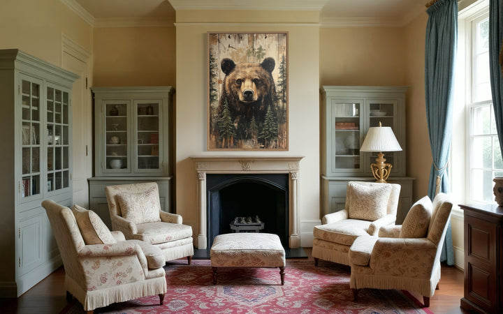 Bear Painting On Wood Rustic Framed Canvas Wall Art For Cabin Decor