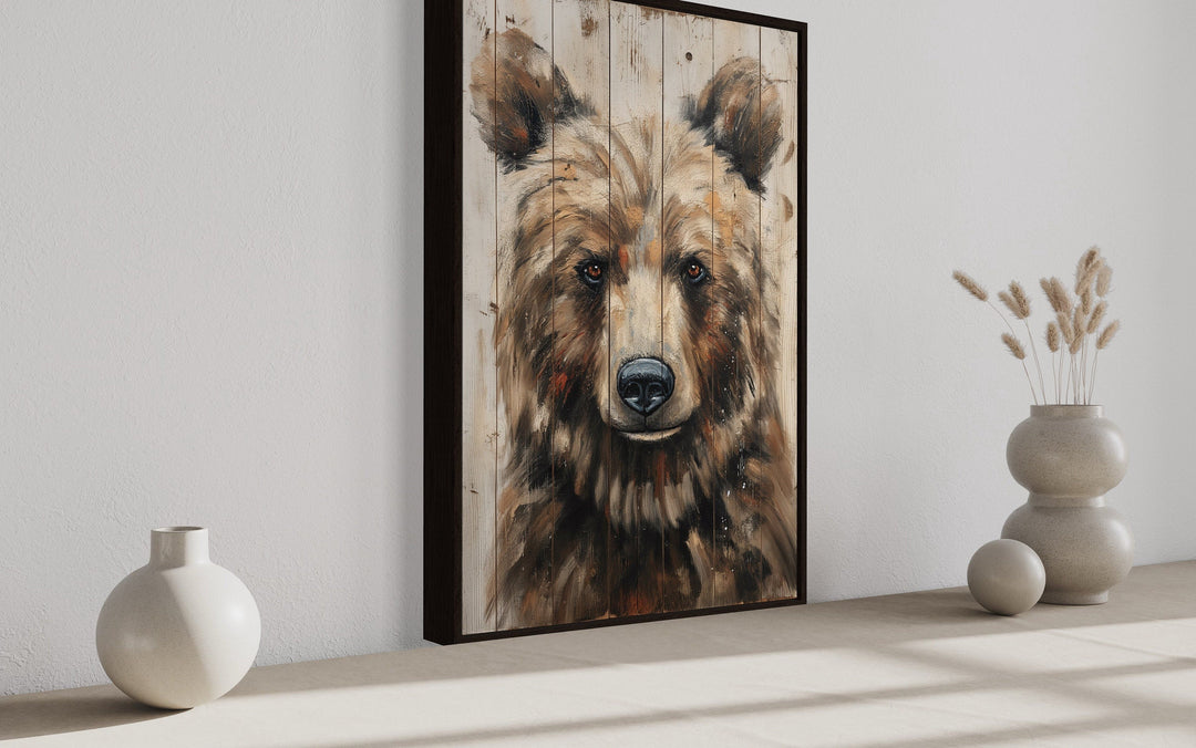 Bear Painting On Wood Rustic Framed Canvas Wall Art For Cabin Decor