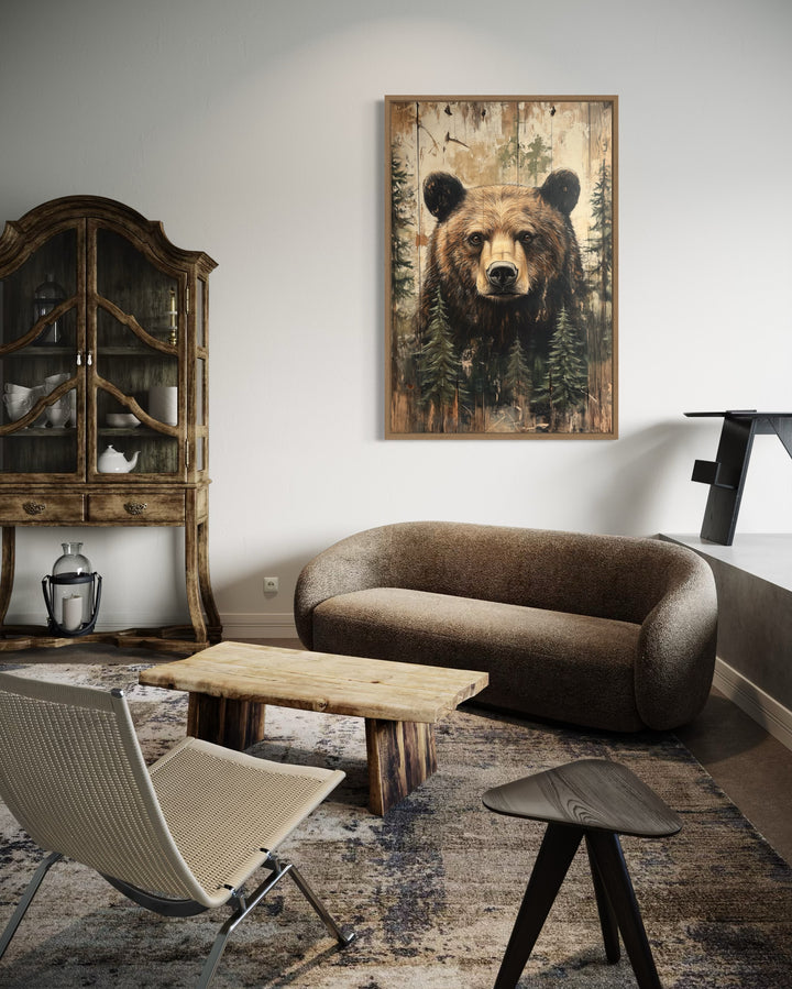 Bear Painting On Wood Rustic Framed Canvas Wall Art For Cabin Decor