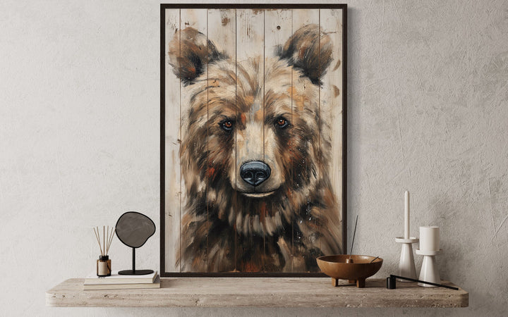 Bear Painting On Wood Rustic Framed Canvas Wall Art For Cabin Decor