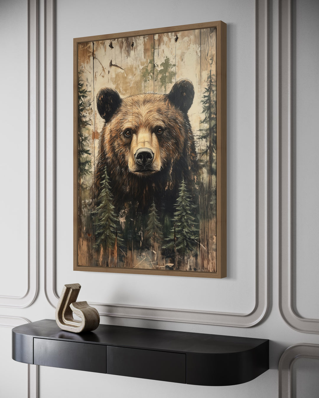 Rustic framed canvas wall art featuring a bear portrait on a wood-textured background.