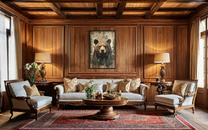 Bear Painting On Wood Rustic Framed Canvas Wall Art For Cabin Decor