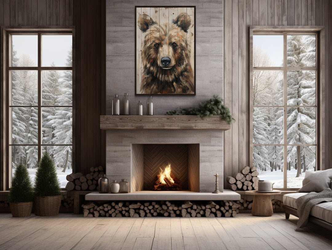 Bear Painting On Wood Rustic Framed Canvas Wall Art For Cabin Decor