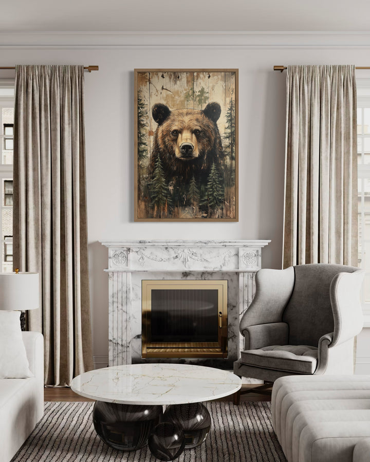 Rustic framed canvas wall art of a bear painting on wood texture above a marble fireplace.