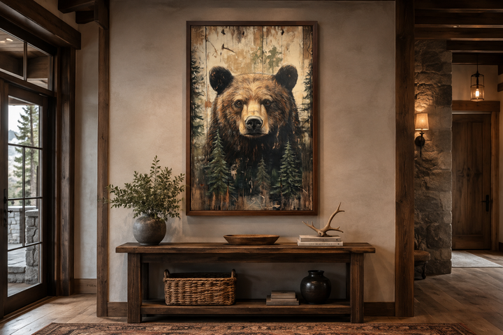Rustic framed canvas wall art featuring a bear portrait painted on a wood-textured background.