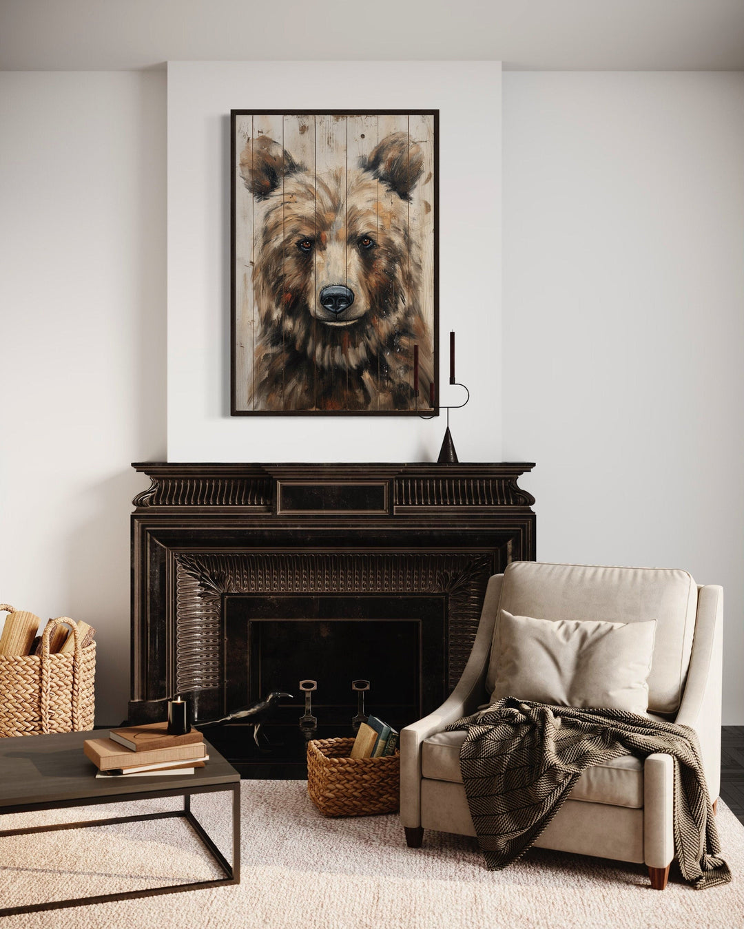 Bear Painting On Wood Rustic Framed Canvas Wall Art For Cabin Decor