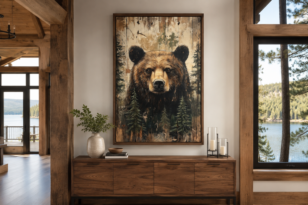 Rustic framed canvas wall art featuring a bear painting on wood texture above a wooden sideboard.