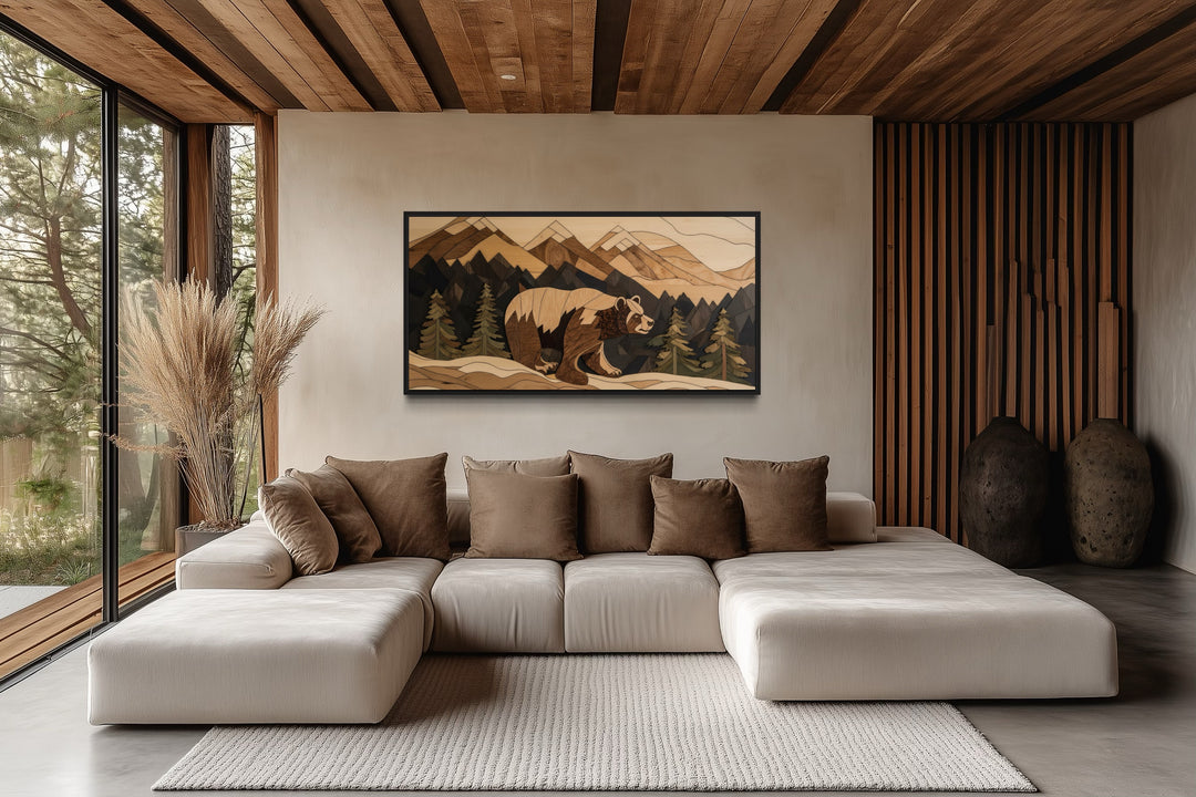 Rustic bear painting on wood panel canvas wall art above a modern sofa in a cabin-style living room.
