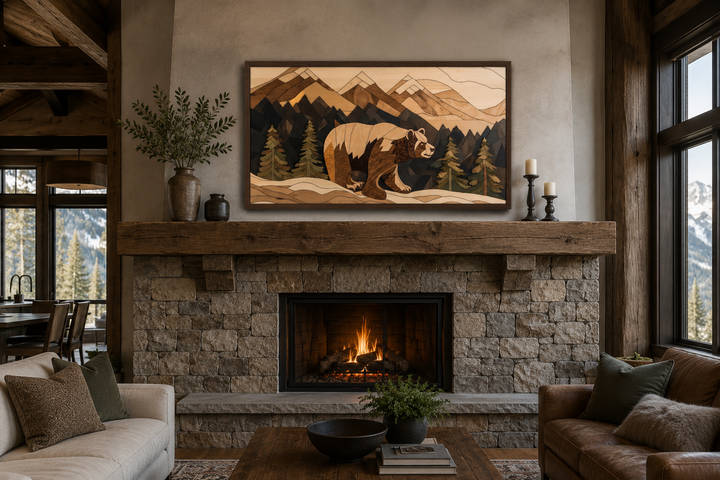 Rustic bear painting on wood panel canvas wall art above a stone fireplace in a cabin living room.