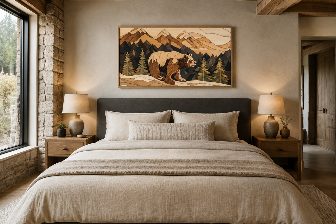 Rustic bear and mountain landscape wood panel wall art hanging above a bed in a cabin-style room.