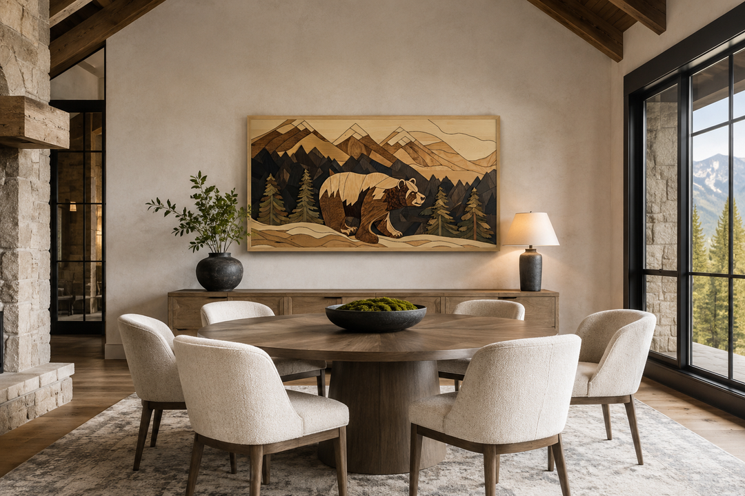 Rustic bear and mountain landscape wood panel wall art in a modern dining room setting.